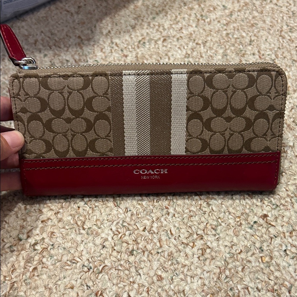 Coach Signature Brown and Red Zip Wallet